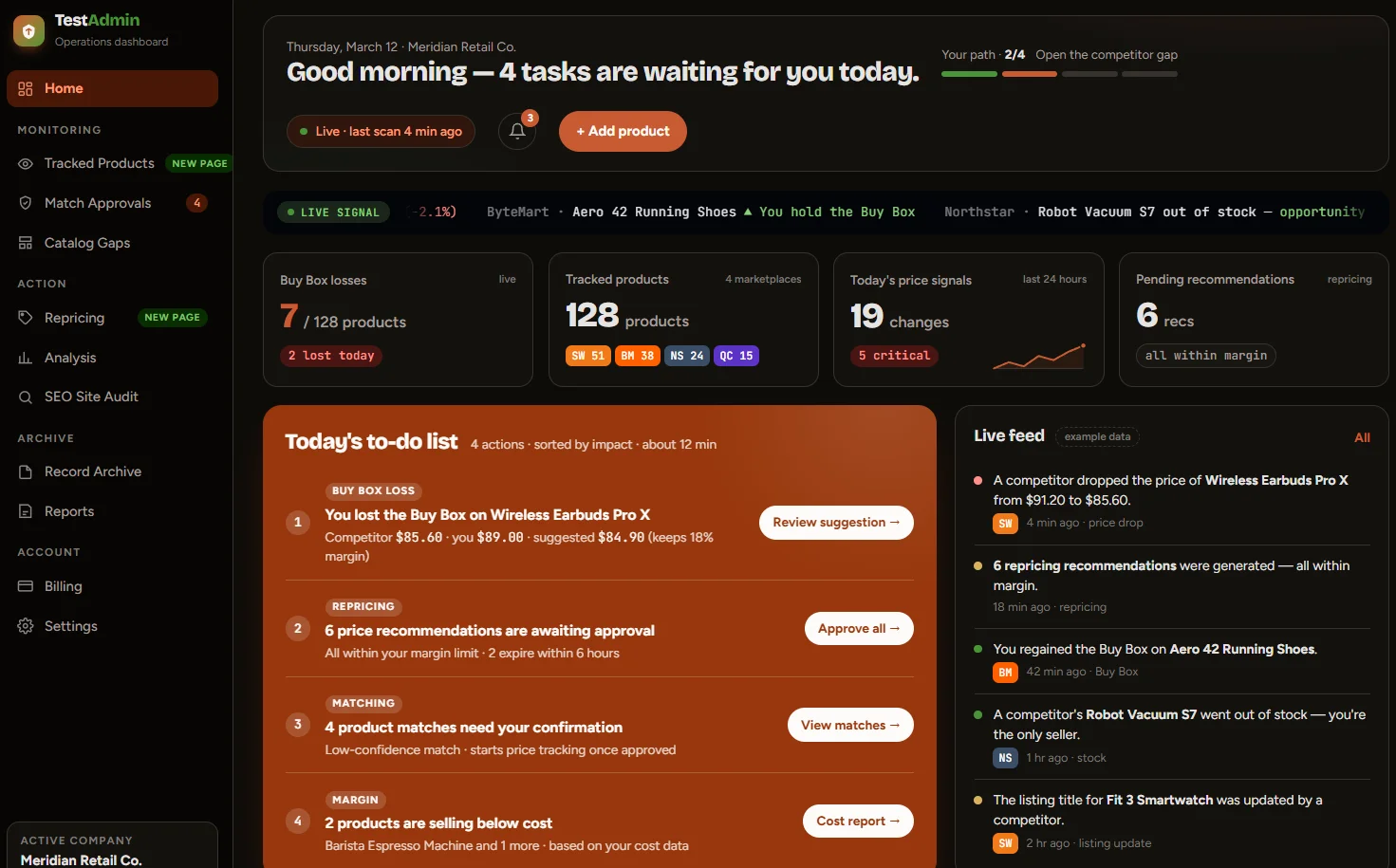 Price and SEO tracker dashboard with Buy Box tracking and repricing recommendations